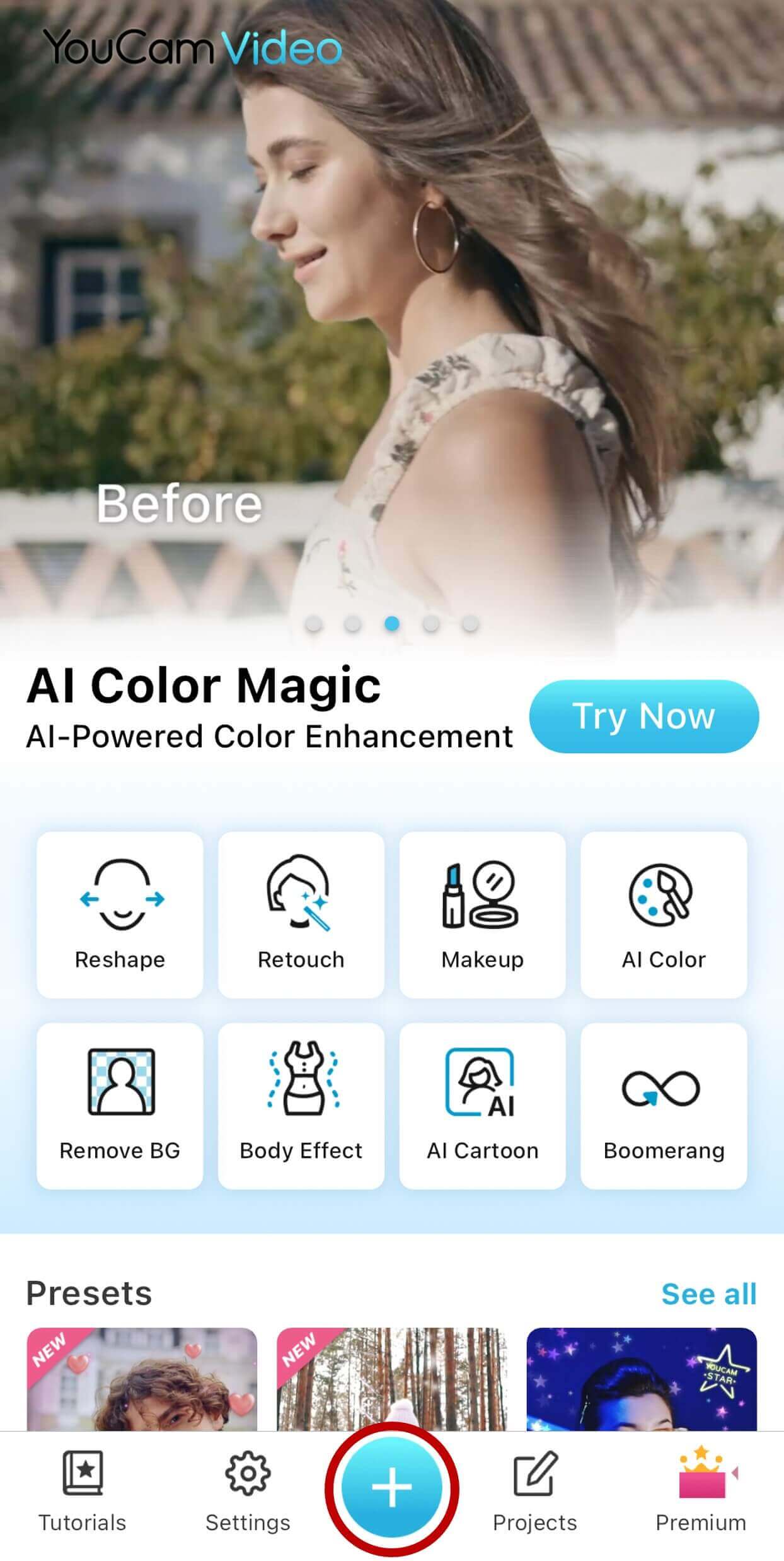 How to combine videos on iPhone using YouCam Video Screenshot showing how to create a new project in YouCam Video to combine video clips