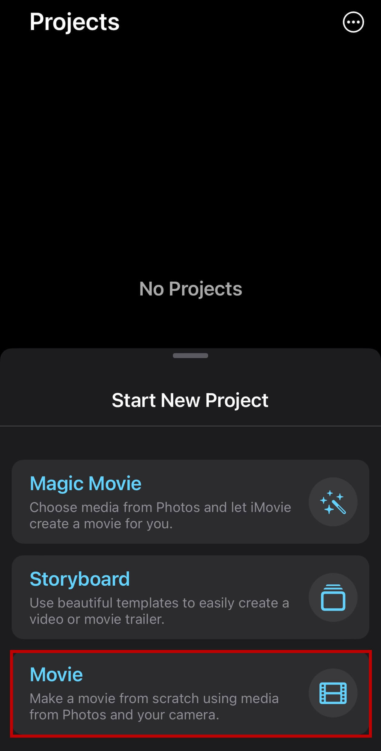 How to combine videos on iPhone using iMovie: New Project Screenshot showing how to start a new movie project in iMovie to merge clips