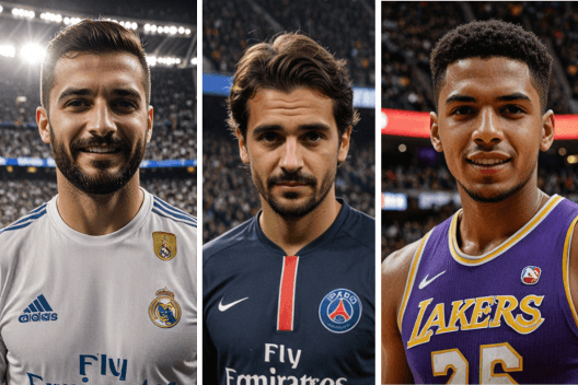 Colagem com exemplos de fotos de atletas criadas com IA, incluindo jogador do Real Madrid e PSG.