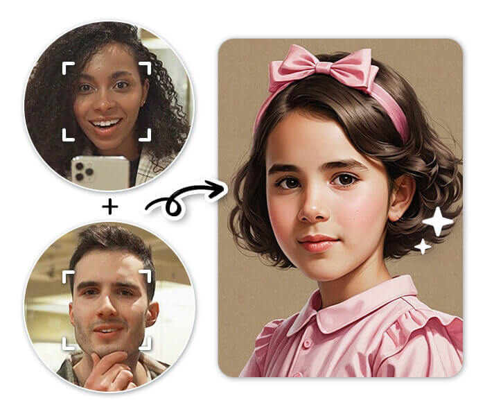 Preveja como será o futuro filho combinando rostos com IA. Simulação de como um futuro bebê pode ser ao mesclar rostos do casal com IA.