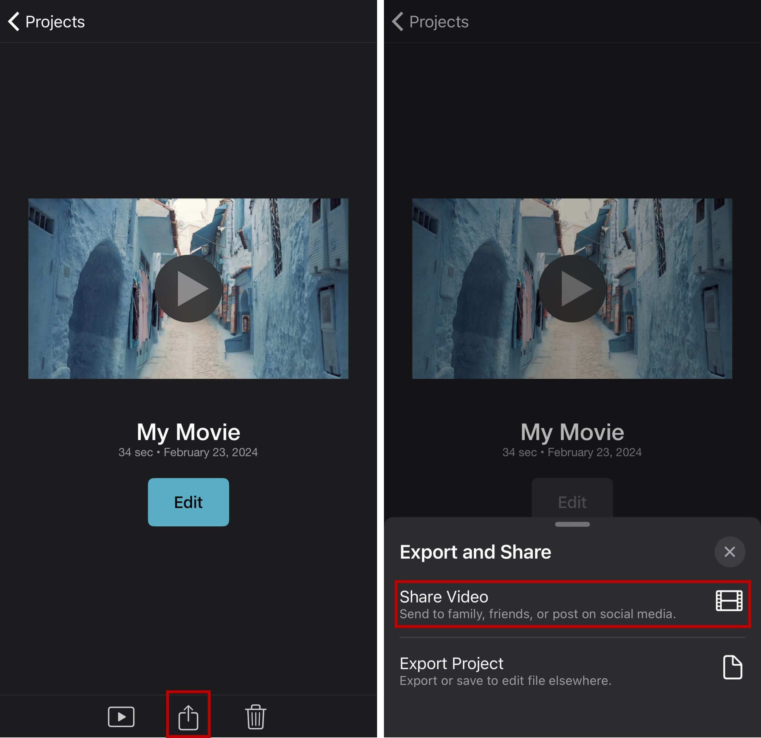 Saving and sharing merged videos from iMovie Share options for combined videos in iMovie on iPhone
