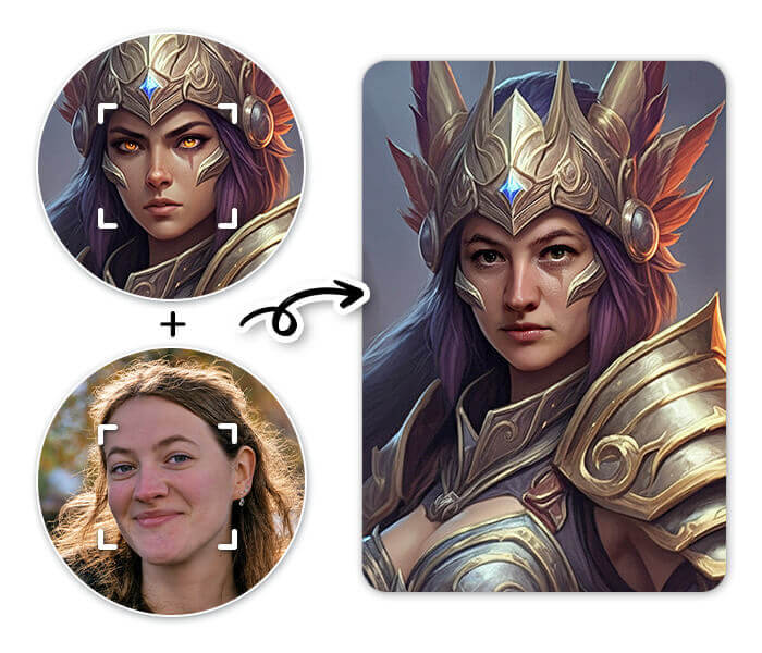 Combine seu rosto com personagens para misturar faces com IA. Exemplo de como combinar seu rosto com um personagem usando a troca de rosto com IA.