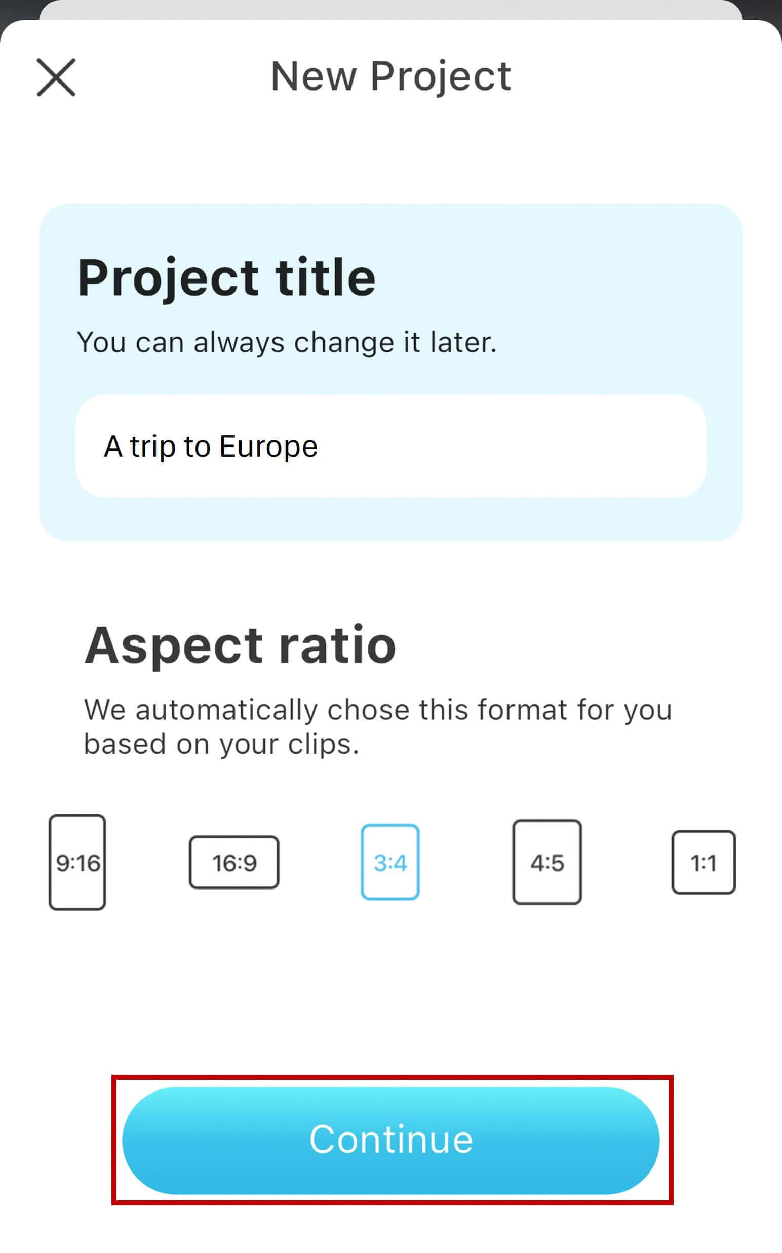 Combine videos on iPhone: Name project and choose aspect ratio in YouCam Video Screenshot of YouCam Video project settings for merging videos