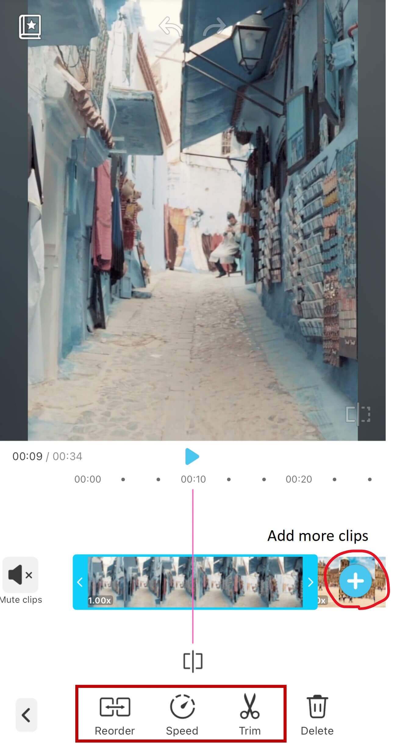 Advanced video editing features in YouCam Video for combining clips Screenshot of YouCam Video showing options to reorder, trim, or adjust speed for merged videos