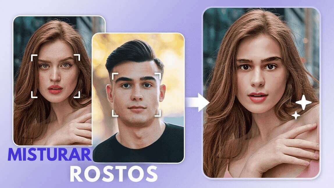 Gráfico mostrando o processo de misturar rostos com IA, combinando a foto de uma mulher e de um homem para gerar um novo rosto.