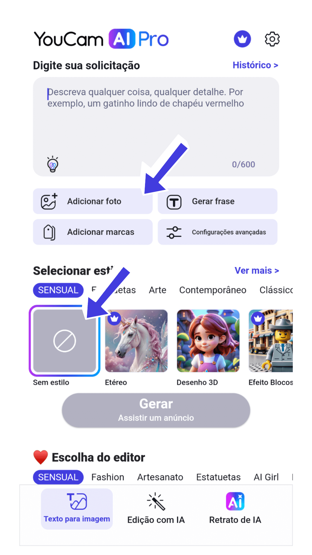 Tela do aplicativo YouCam AI Pro mostrando a opção de adicionar foto para criar montagem de jogador.