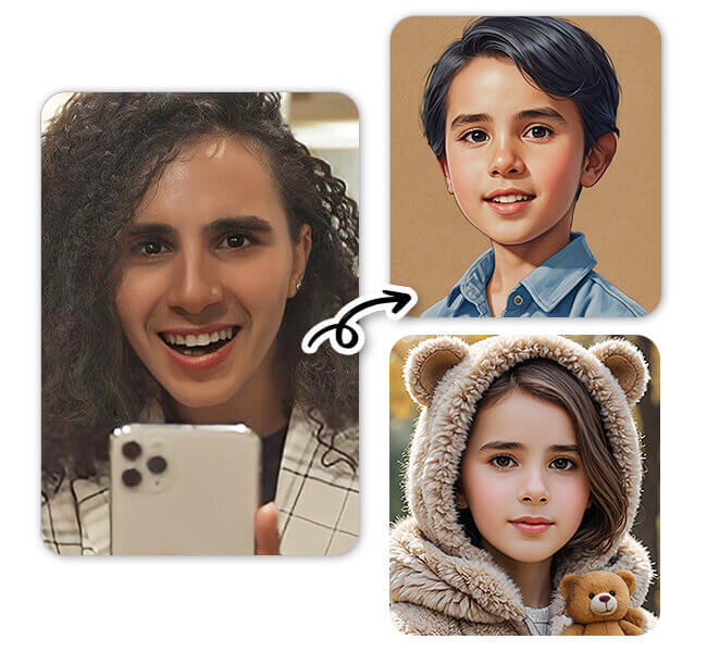 Faça a transição da infância para hoje ao misturar seu rosto com IA. Resultado da mistura de um rosto atual com uma foto de infância usando IA.