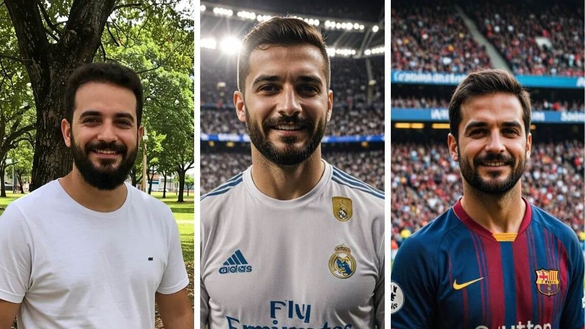Montagem de antes e depois mostrando um homem transformado em jogador de futebol do Real Madrid e do Barcelona usando um aplicativo para criar foto com IA.