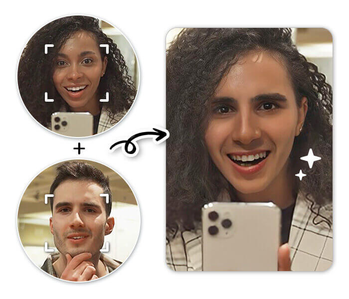 Use um app para mesclar rostos e ver a semelhança do casal. Mulher usando o app YouCam Perfect para juntar rostos de um casal em uma foto divertida.