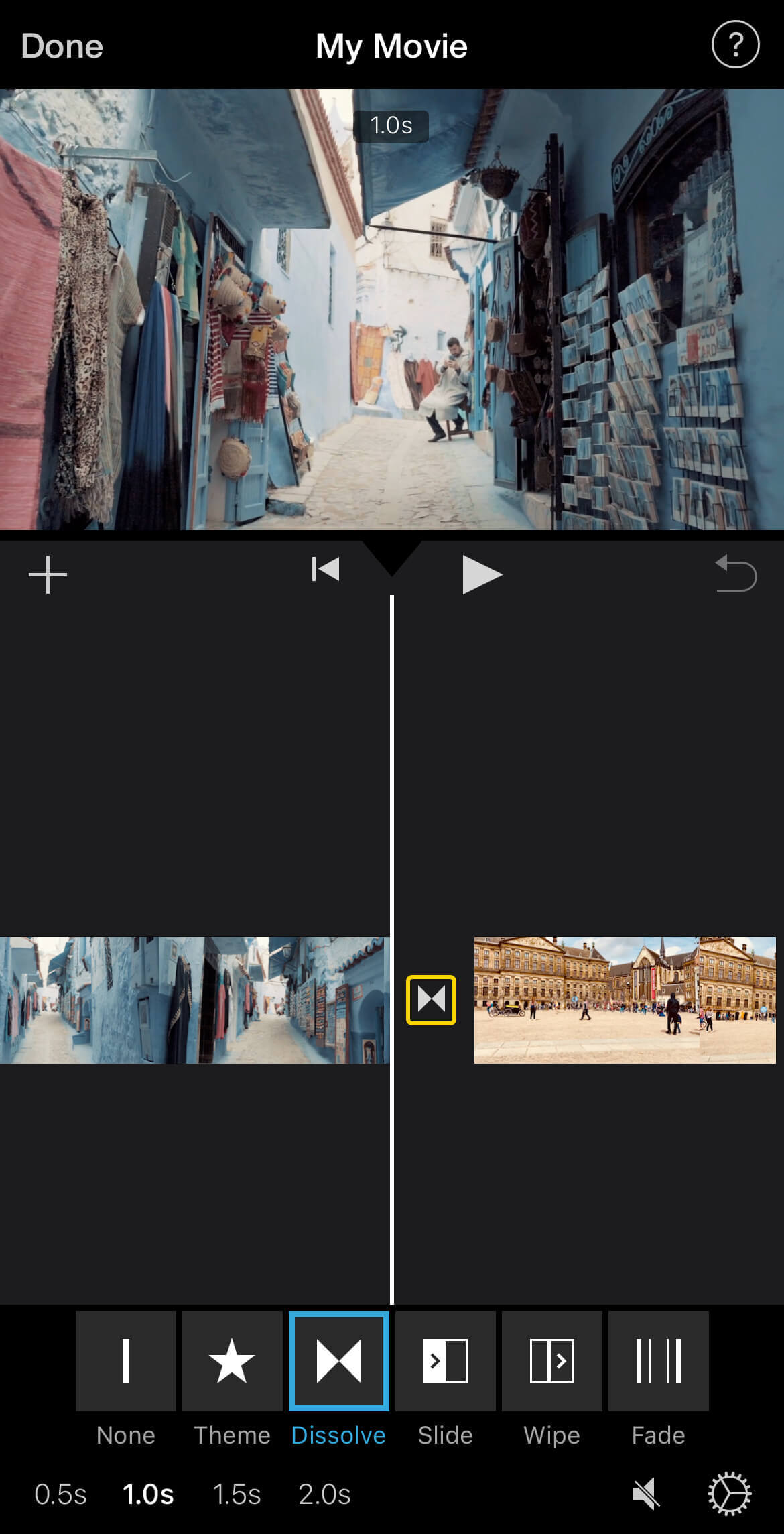 Applying transitions when combining videos in iMovie iMovie transitions for seamless video merging on iPhone