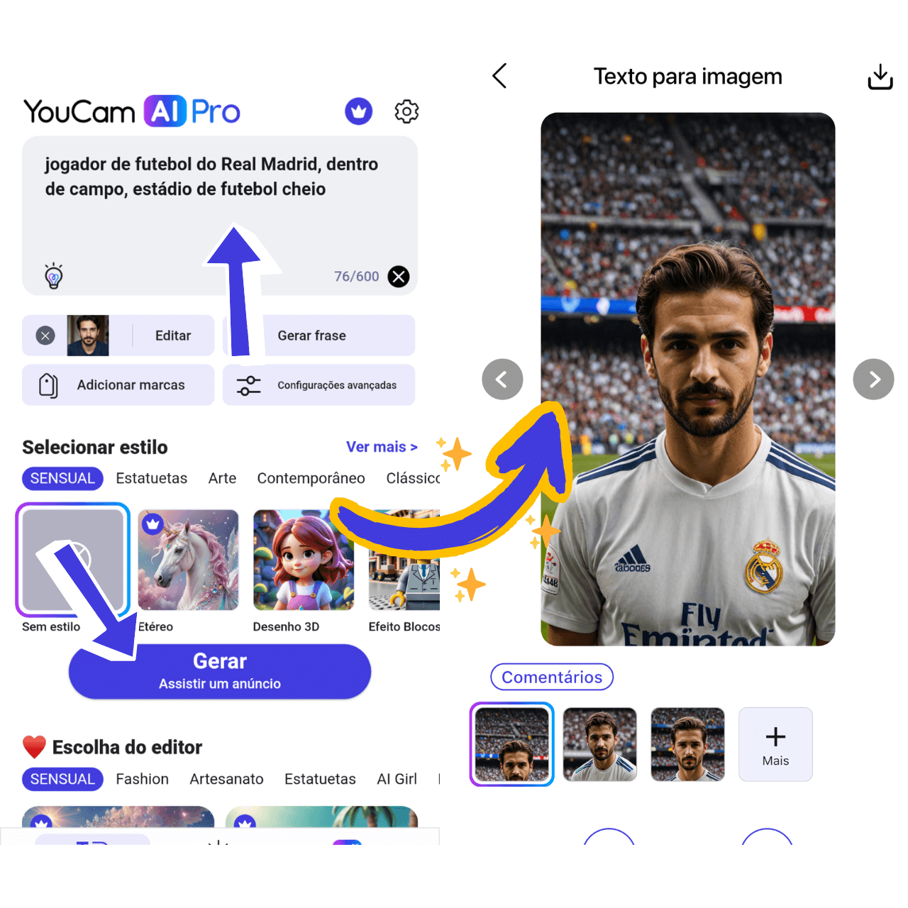 Exemplo de prompt de texto no YouCam AI Pro para criar uma foto de jogador de futebol realista.