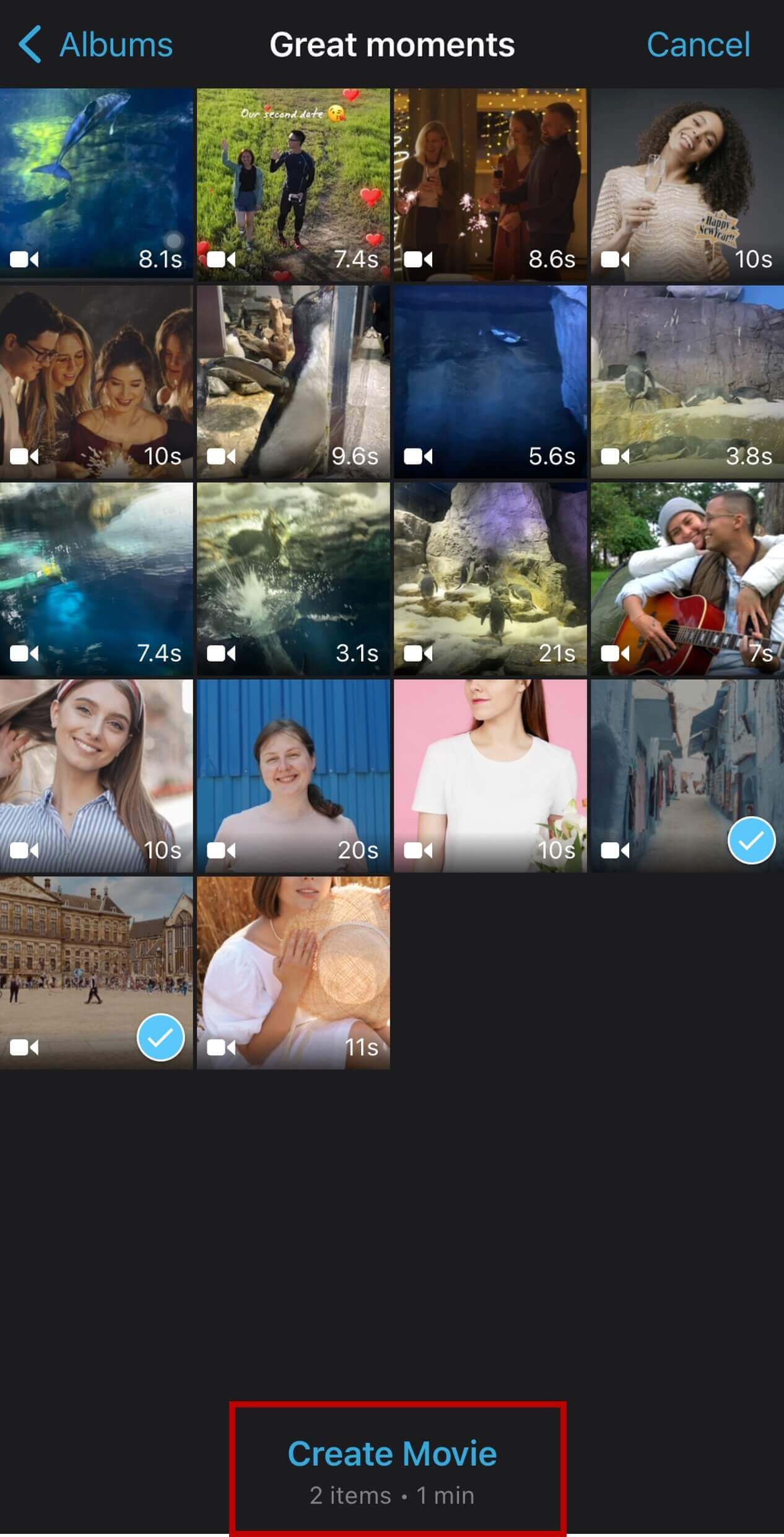 How to combine multiple videos on iPhone with iMovie Screenshot of iMovie showing video selection for combining videos