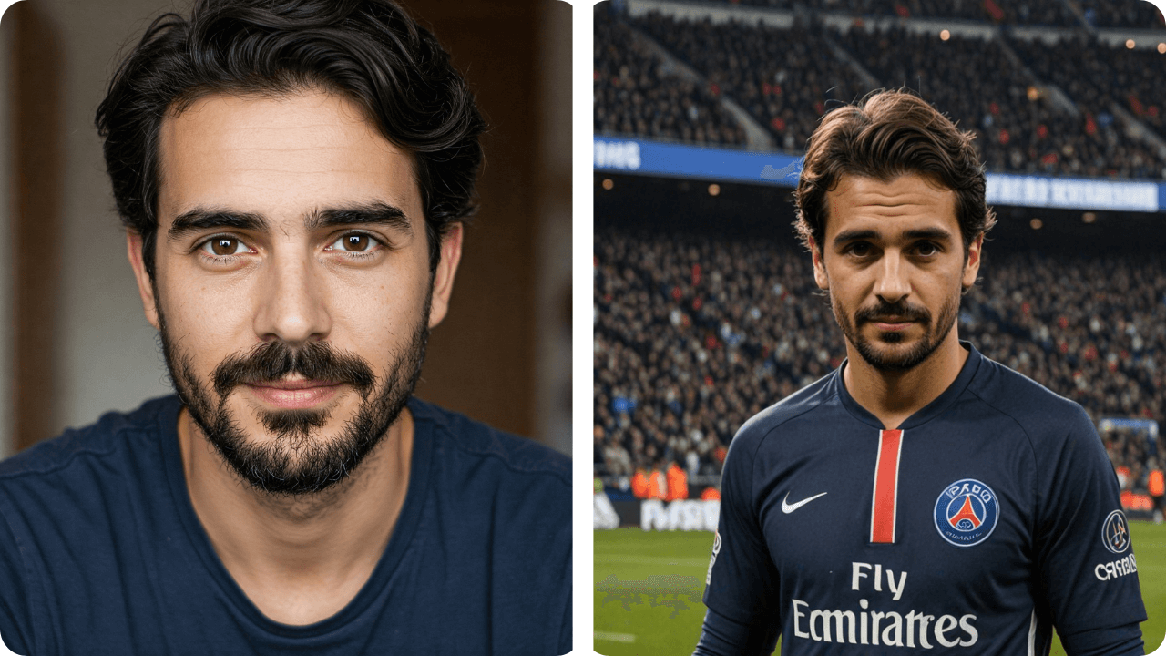 Antes e depois de um homem que usou um aplicativo de IA para criar uma foto como jogador de futebol do PSG.