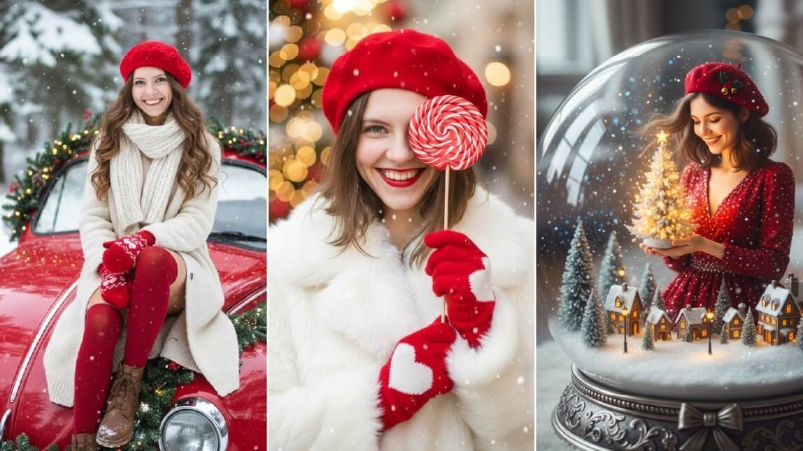 Montagem com três ideias de fotos de natal criadas com IA: mulher com roupa de inverno em carro vermelho, mulher segurando pirulito e mulher dentro de um globo de neve.