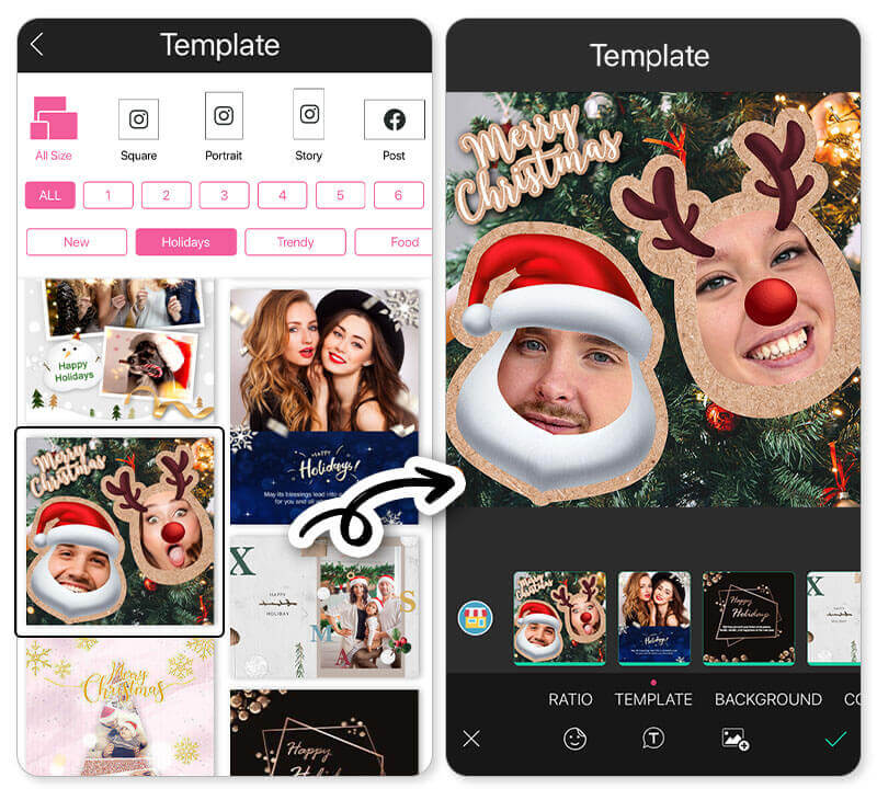 Turn into a cute reindeer with YouCam Perfect's Christmas templates. Try YouCam Perfect's fun holiday templates for cheerful Christmas edits.