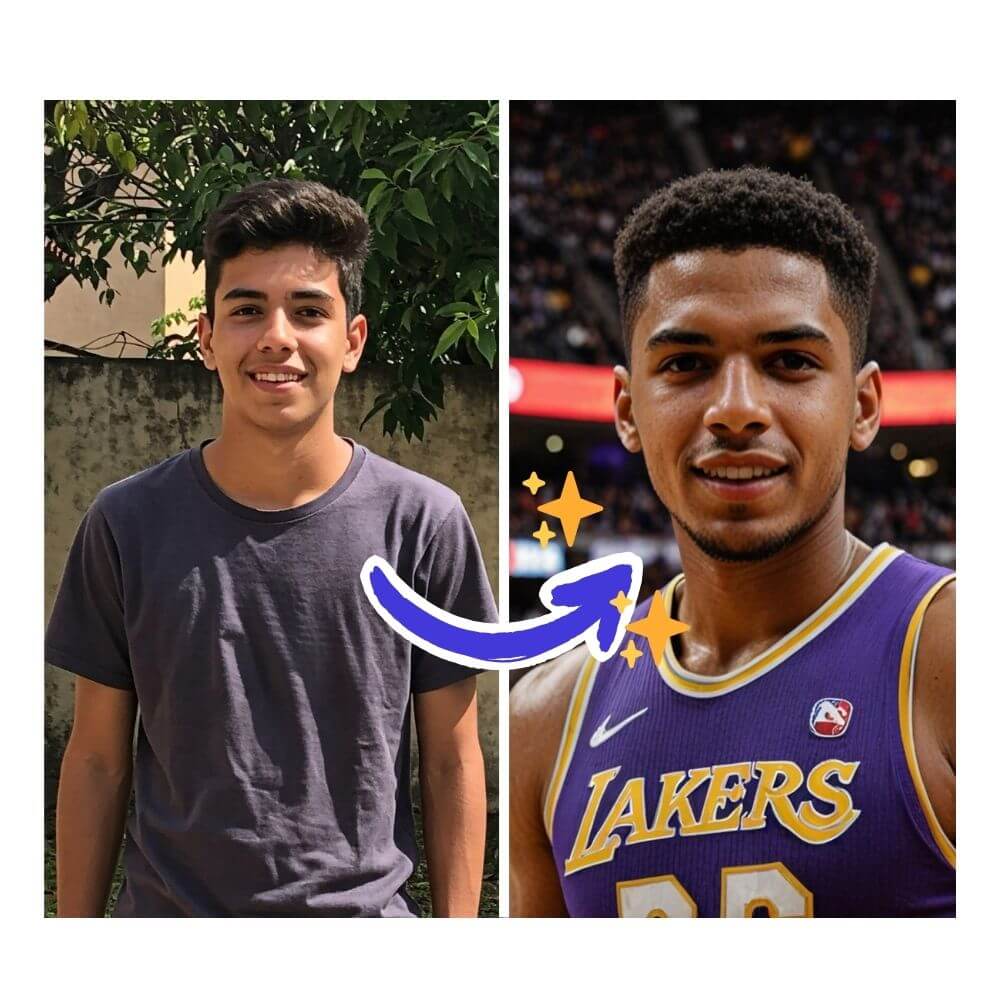 Créez votre version en tant qu’athlète professionnel avec l’IA Montage photo d’un jeune transformé en joueur de basket des Lakers grâce à un générateur d’images IA.