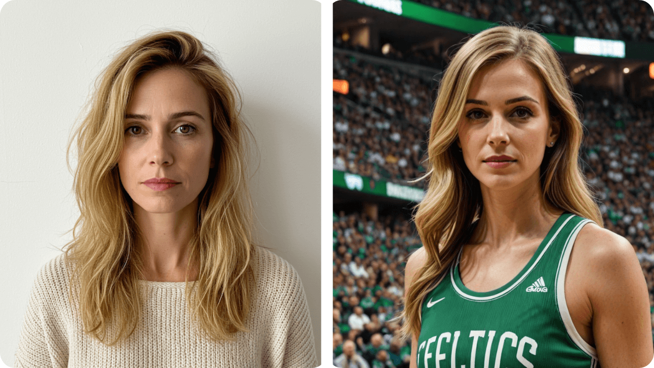 Mulher usa IA para colocar camisa de time de basquete do Boston Celtics em sua foto.