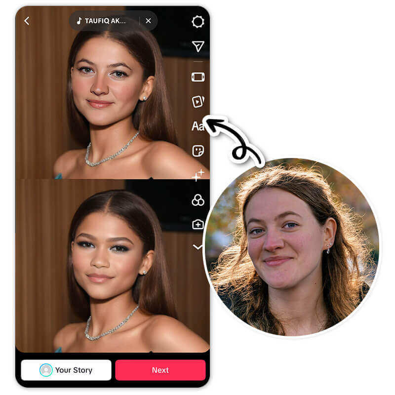 Filtro de IA para misturar e juntar rostos no TikTok. Celular mostrando o popular filtro de misturar rostos com IA no TikTok.