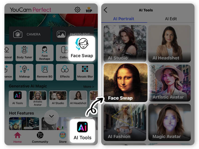Função de Troca de Rosto com IA para combinar e misturar fotos. Menu do aplicativo YouCam Perfect mostrando a função para juntar dois rostos em uma foto.