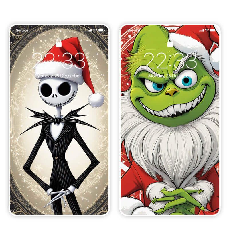 Wallpaper de Natal para celular com os personagens Grinch e Jack Skellington.