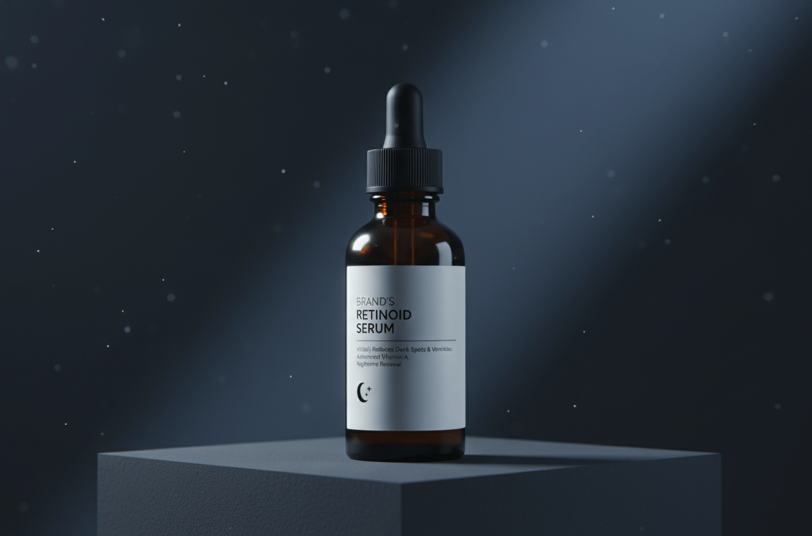 An amber glass dropper bottle of "BRAND'S RETINOID SERUM" with a minimalist label and a crescent moon icon, placed on a dark grey cube. The background is a deep blue with soft bokeh lights resembling stars or dust, and a distinct diagonal beam of light cuts through the upper right, creating a sophisticated and nighttime-themed aesthetic. An amber glass dropper bottle of "BRAND'S RETINOID SERUM" with a minimalist label and a crescent moon icon, placed on a dark grey cube. The background is a deep blue with soft bokeh lights resembling stars or dust, and a distinct diagonal beam of light cuts through the upper right, creating a sophisticated and nighttime-themed aesthetic.