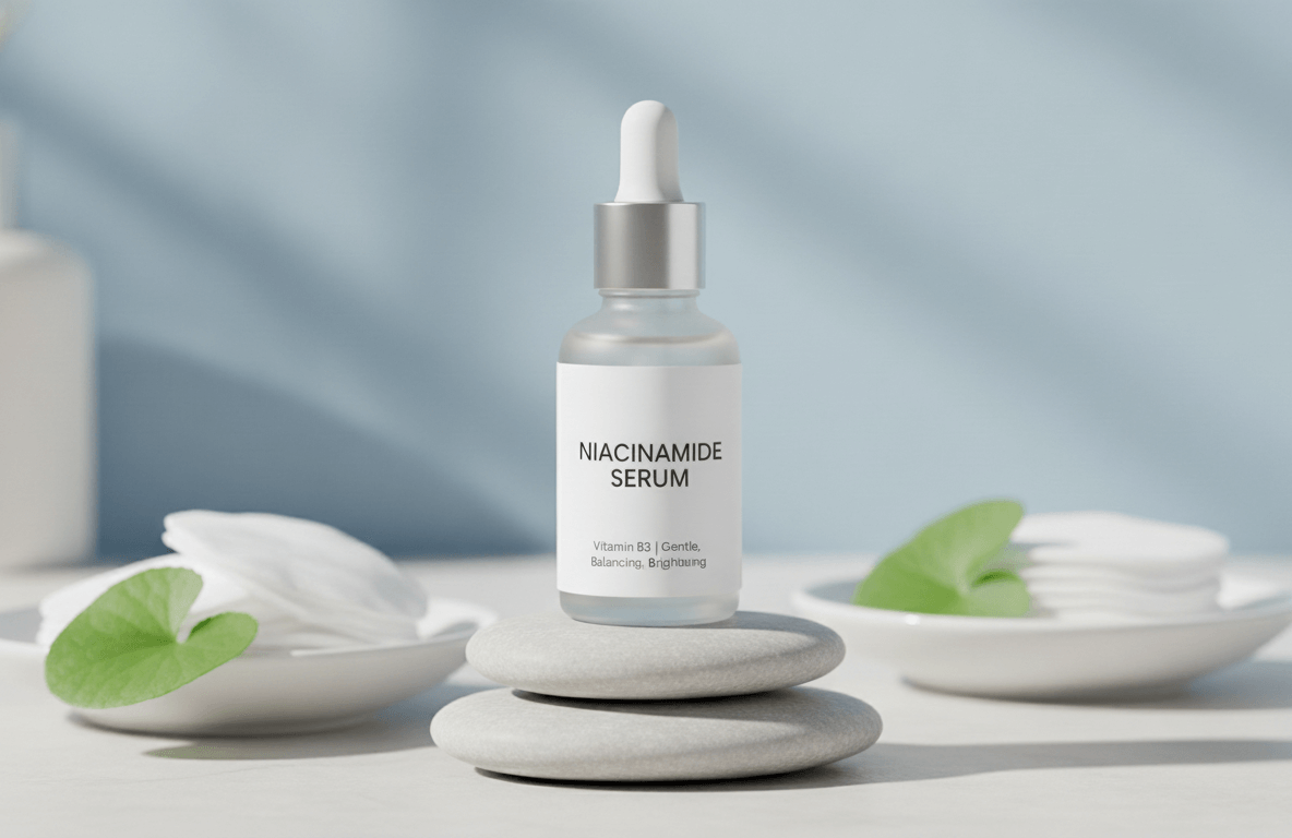 A clean, minimalist product shot of a frosted glass bottle of Niacinamide serum with a silver dropper, positioned on two smooth, stacked grey stones. The label clearly reads "NIACINAMIDE SERUM" and "Vitamin B3 | Gentle, Balancing, Brightening." In the background, there are white dishes holding cotton pads and green leaves, set against a soft blue wall with subtle shadows, conveying a sense of calm and purity. A clean, minimalist product shot of a frosted glass bottle of Niacinamide serum with a silver dropper, positioned on two smooth, stacked grey stones. The label clearly reads "NIACINAMIDE SERUM" and "Vitamin B3 | Gentle, Balancing, Brightening." In the background, there are white dishes holding cotton pads and green leaves, set against a soft blue wall with subtle shadows, conveying a sense of calm and purity.
