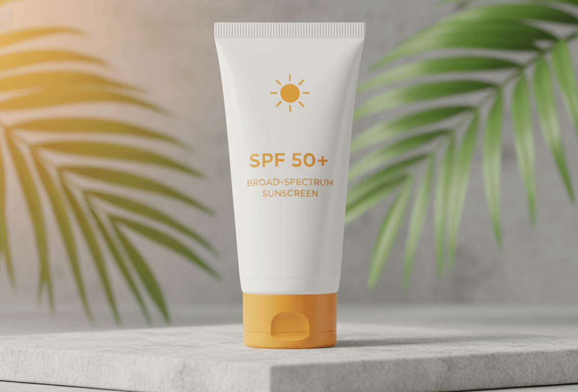 A white tube of sunscreen with "SPF 50+" and "BROAD-SPECTRUM SUNSCREEN" text is centered on a light grey stone surface. A subtle sun icon is on the label, and green palm leaves blur in the background. A warm, golden lens flare or light effect is visible on the left side, adding a sunny ambiance. A white tube of sunscreen with "SPF 50+" and "BROAD-SPECTRUM SUNSCREEN" text is centered on a light grey stone surface. A subtle sun icon is on the label, and green palm leaves blur in the background. A warm, golden lens flare or light effect is visible on the left side, adding a sunny ambiance.