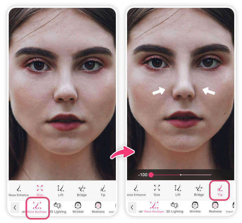 Nez parfait sur photo avec YouCam Makeup via simulation rhinoplastie