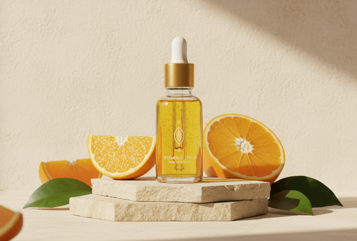 Aesthetic product shot of a bottle of Vitamin C serum placed on light-colored stone risers, surrounded by fresh orange slices and green leaves, with soft sunlight and shadows creating a warm, natural ambiance. The bottle is clear with a gold dropper, and text on the label reads "VITAMIN C SERUM." Aesthetic product shot of a bottle of Vitamin C serum placed on light-colored stone risers, surrounded by fresh orange slices and green leaves, with soft sunlight and shadows creating a warm, natural ambiance. The bottle is clear with a gold dropper, and text on the label reads "VITAMIN C SERUM."