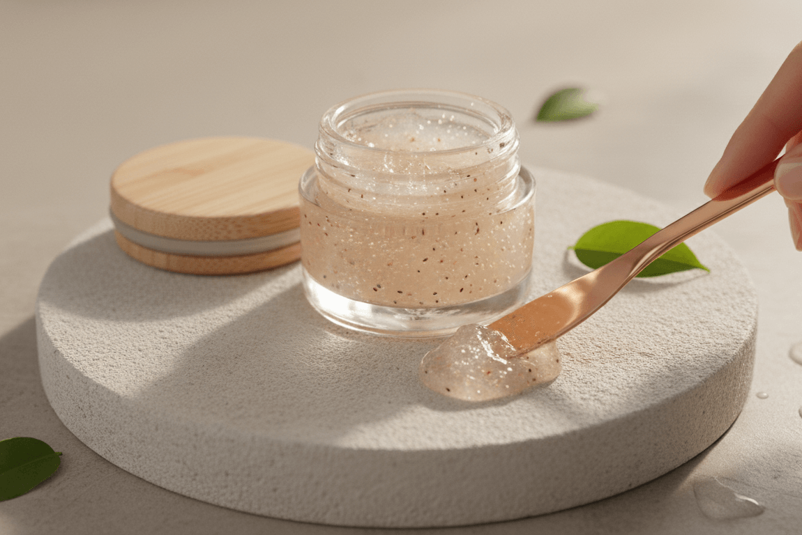 An aesthetic overhead product shot featuring an open jar of facial scrub with visible exfoliating particles, a wooden lid, and a rose gold spatula scooping a dollop of the scrub. The items are arranged on a textured light grey circular riser, with scattered green leaves and water droplets on the muted background, under soft directional lighting that casts gentle shadows. An aesthetic overhead product shot featuring an open jar of facial scrub with visible exfoliating particles, a wooden lid, and a rose gold spatula scooping a dollop of the scrub. The items are arranged on a textured light grey circular riser, with scattered green leaves and water droplets on the muted background, under soft directional lighting that casts gentle shadows.