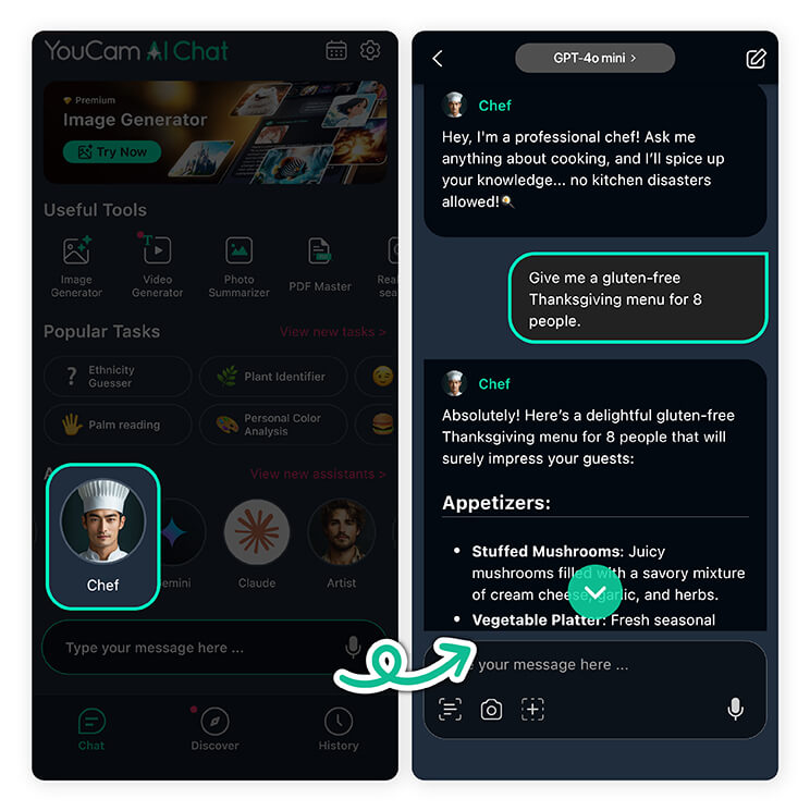 Try YouCam AI Chat app for effortless gluten-free Thanksgiving dinner.