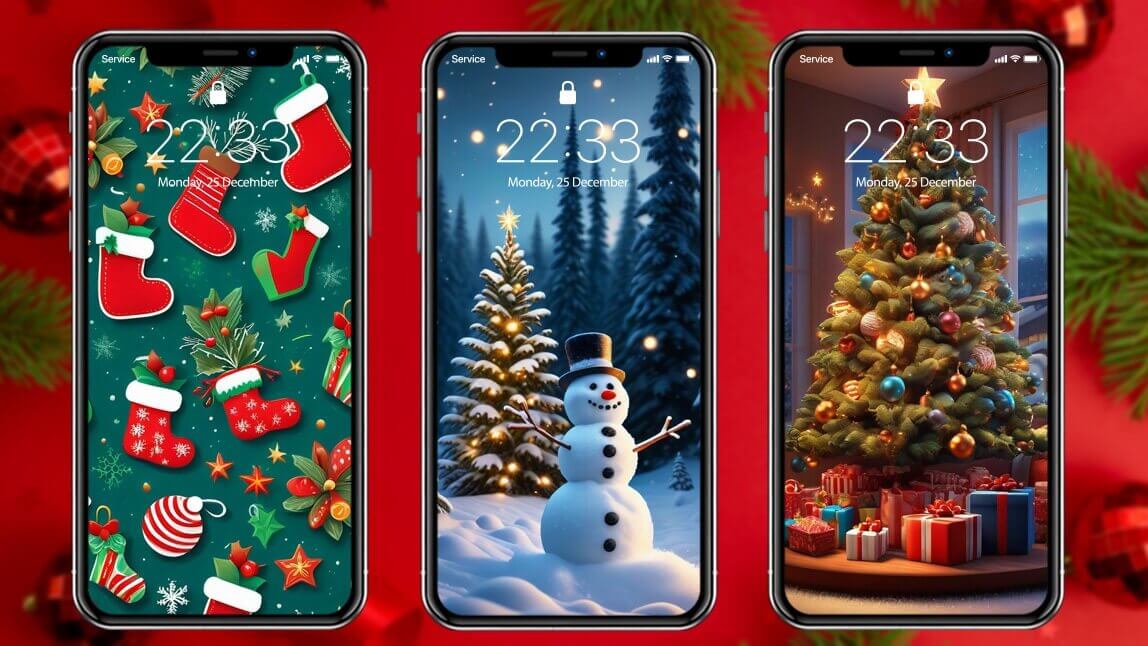 Três celulares exibindo diferentes wallpapers de Natal: um com meias natalinas, um com um boneco de neve e outro com uma árvore de Natal decorada.