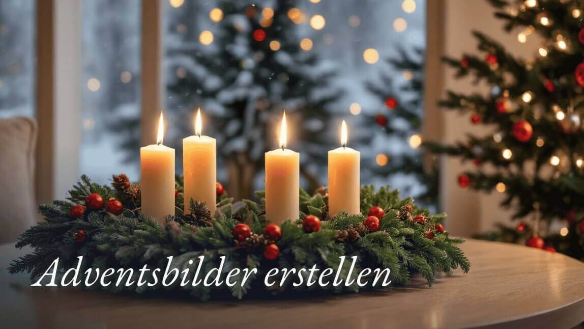Adventskrank mit vier weißen Kerzen auf einem Tisch in einem gemütlichen Wohnzimmer mit Weihnachtsbaum im Hintergrund