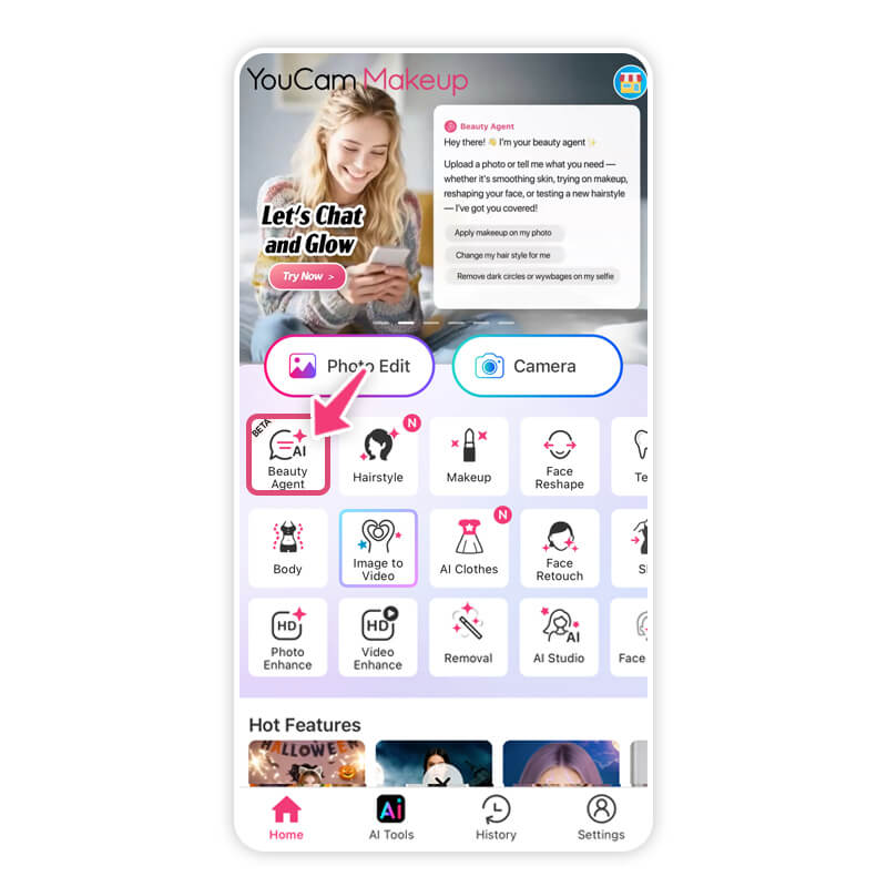 Beauty Agent too is easily accessible from the main page of YouCam Makeup app. Chat with the Beauty Agent to try dozens of Christmas nail colors in real time.
