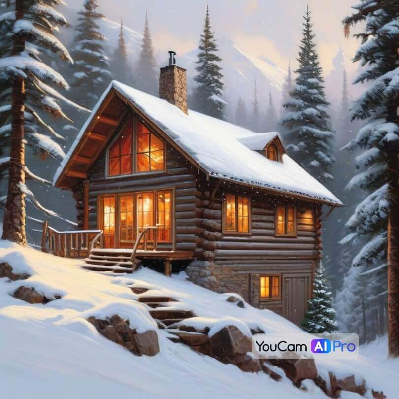 Romantische Hütte in den Bergen, umgeben von verschneiten Fichten und sanft fallendem Schnee