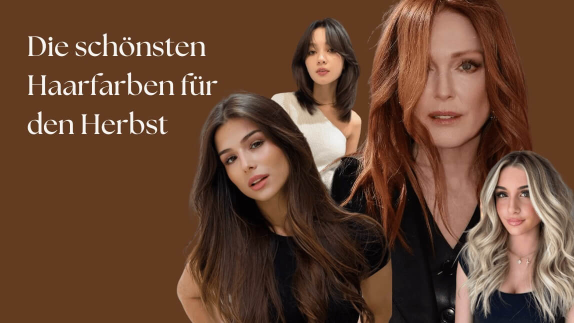 Die schönsten Haarfarben für den Herbst 2025: Eine Collage zeigt Frauen mit den Trendhaarfarben Braun, Kupferrot und Blond als Inspiration für den neuen Herbst-Look.