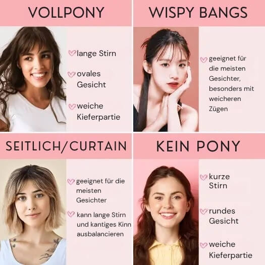 Eine Frau mit einer Ponyfrisur, die zu ihrer Gesichtsform passt.