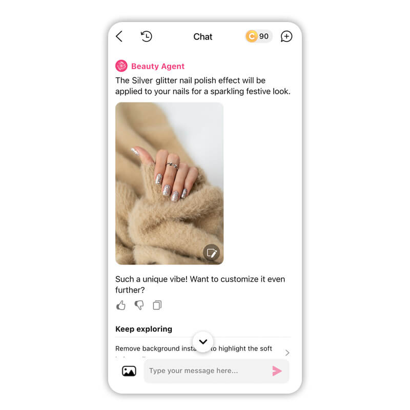 Ask the Beauty Agent for suggestions on your next Christmas nail color. Explore winter nail ideas virtually with YouCam Makeup's Beauty Agent.