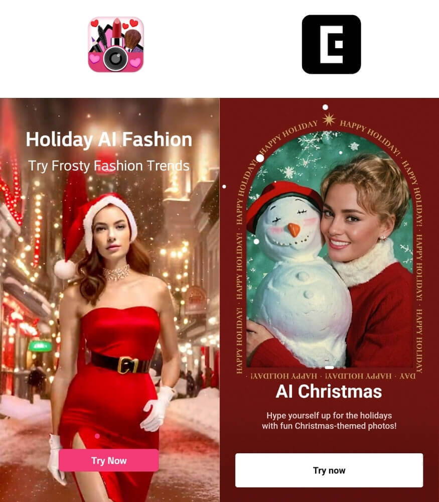 Comparativo de apps para criar foto de Natal com IA: YouCam Makeup vs EPIK.