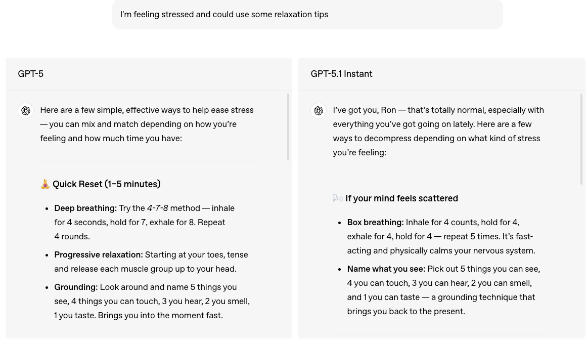 ChatGPT 5 v.s. ChatGPT 5.1 conversasion