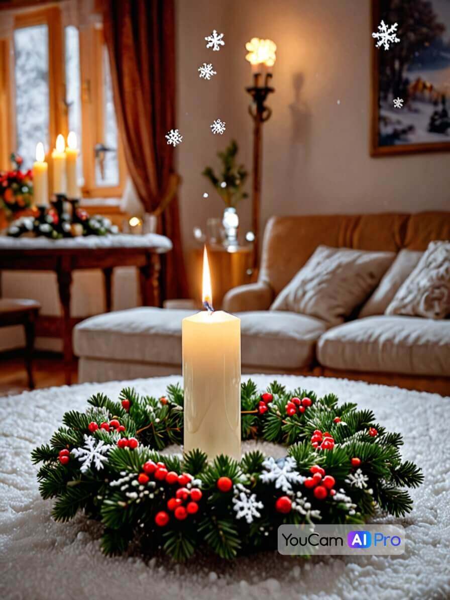 Eine einzelne Kerze, die auf einem traditionellen Adventskranz in einem warmen Wohnzimmer leuchtet.