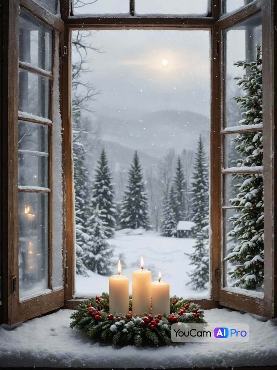 Adventskranz mit Kerzen auf einer Fensterbank, dahinter schneebedeckte Landschaft und sanft fallender Schnee