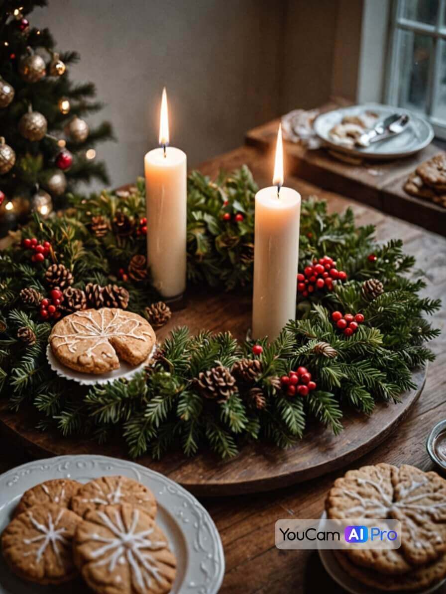 Adventskranz mit 2 Adventskerzen, daneben ein Tisch voller selbstgebackener Plätzchen