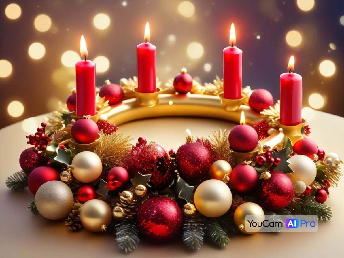 Mit Weihnachtskugeln beschmückter Adventskranz am vierten Advent.