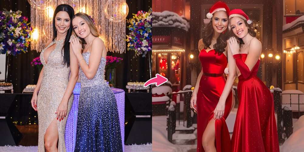 Mulheres com roupas de festa para montagem de foto de Natal com IA.