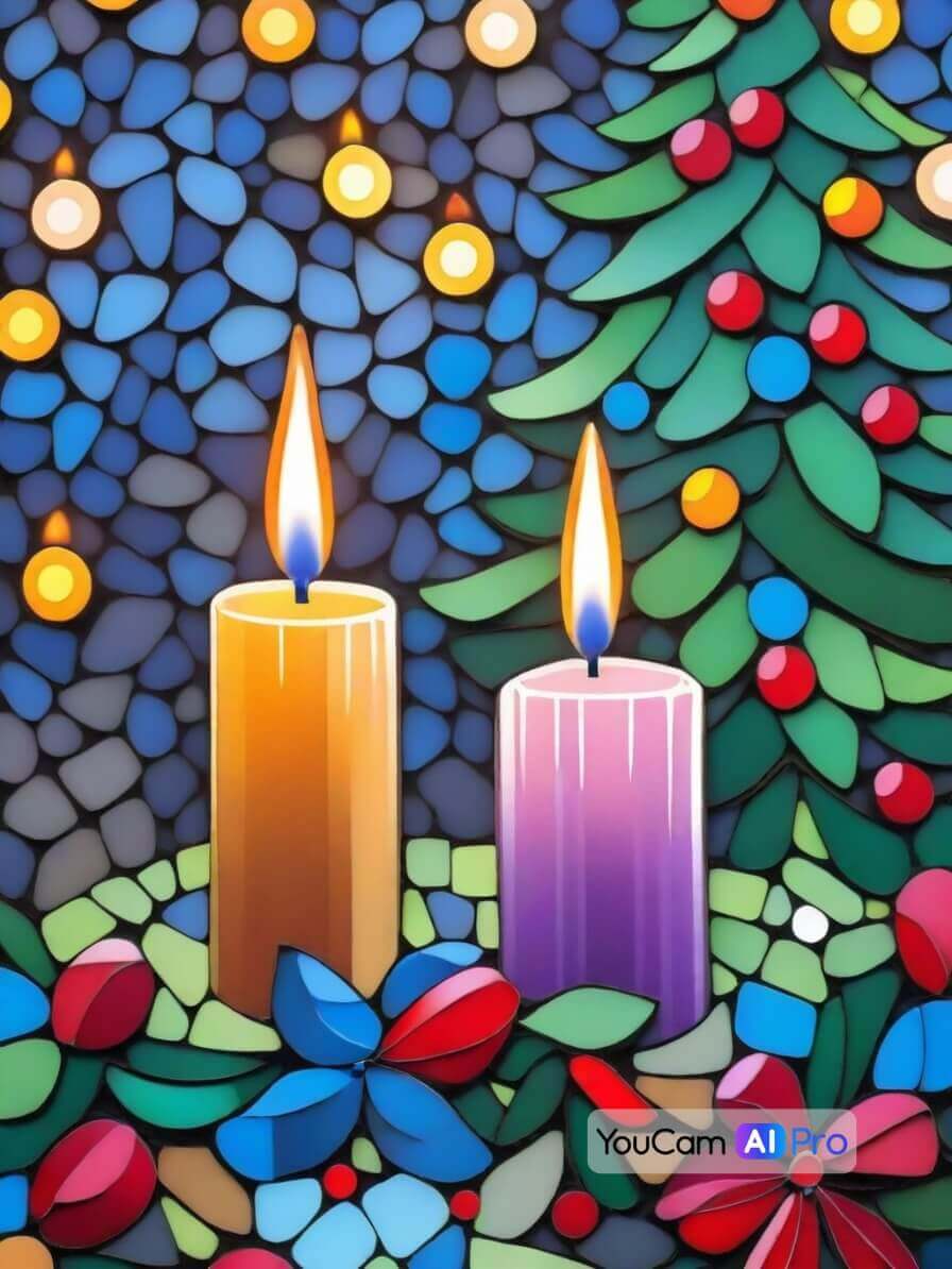 Adventskranz mit zwei Kerzen, im Hintergrund ein Weihnachtsbaum mit glitzernden Lichtern, im Mosaik-Stil.