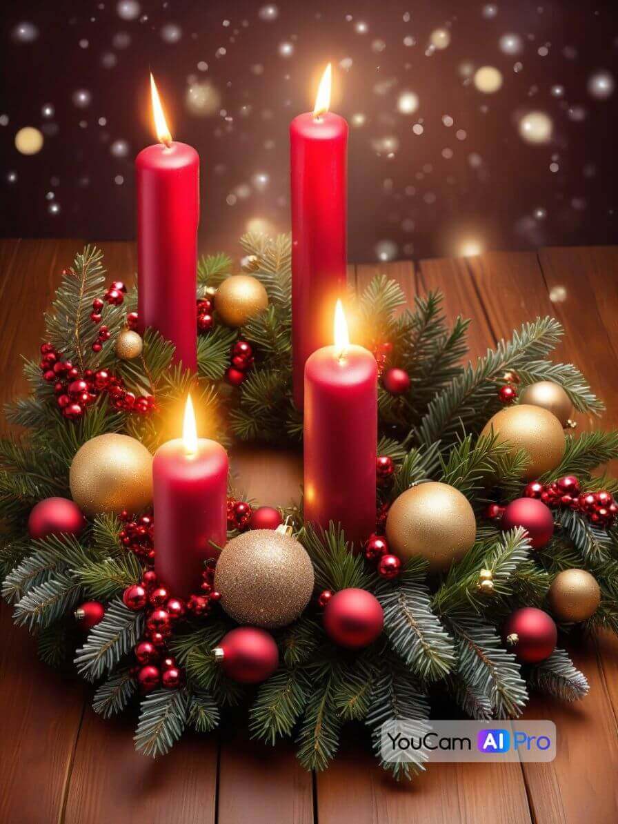 Ein traditioneller Adventskranz mit vier roten Kerzen, umgeben von Tannenzweigen und Weihnachtskugeln, auf einem Holztisch