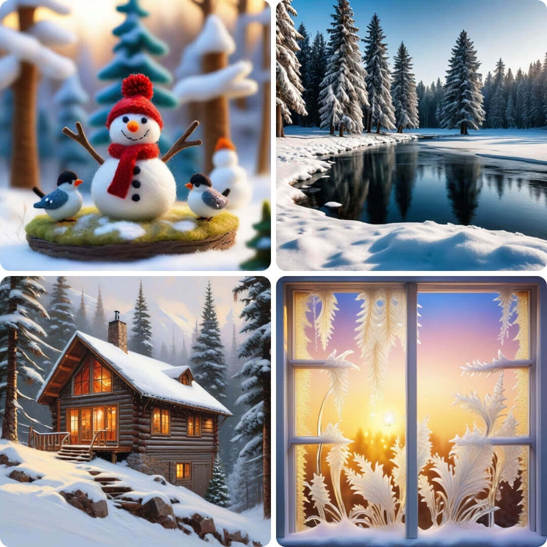 Winterbilder in verschiedenen Motiven mit Schneemann, Winterlandschaft, Berghütte und Fenster mit Eisblumen.