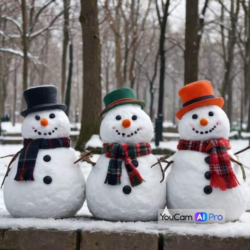 Eine Gruppe von Schneemännern mit verschiedenen Hüten und Accessoires im Park