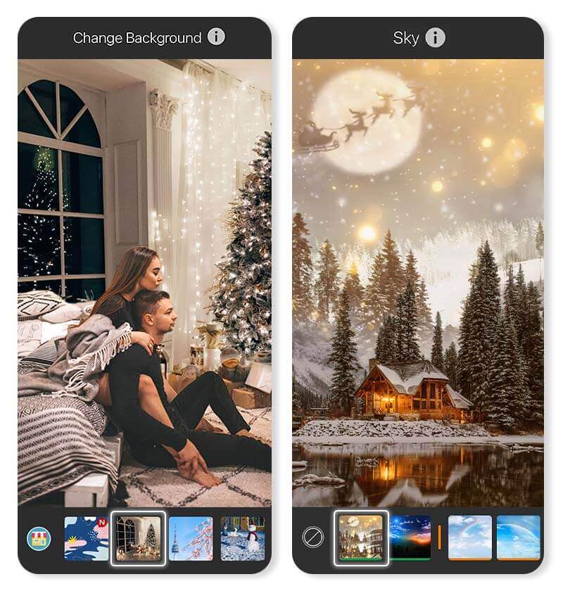 Foto de casal com um fundo de natal de neve e árvore adicionado pelo app.